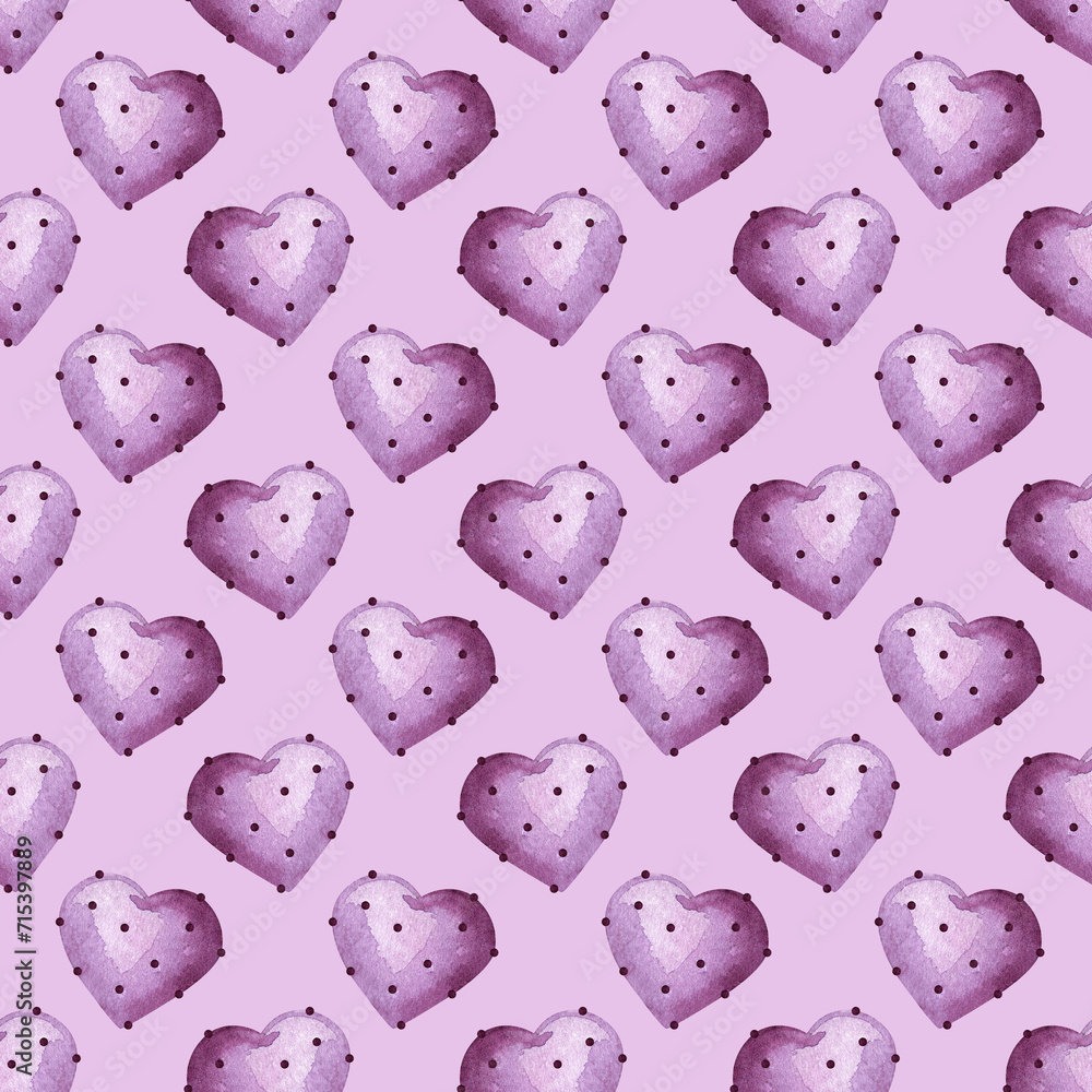 Seamless pattern of purple spiky hearts. Heart ornament. Valentine's Day. Sweets for lovers. Watercolor illustration for background design, packaging, textiles Seamless pattern of purple spiky hearts. Heart ornament. Valentine's Day. Sweets for lovers. Watercolor illustration for background design, packaging, textiles