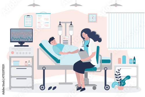 People hospitalization, medical concept. Diseased child lying in bed at clinic chamber with doctors or nurses care and treatment. Sick boy is given drip in clinic.