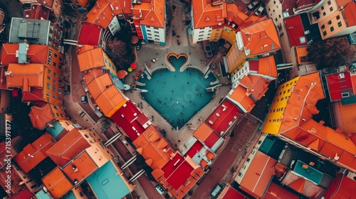 Minimalistic aerial photography of a surreal amusement park inspired by MC Escher. Buildings forming the shape of a heart. Red tones, colorful  photo