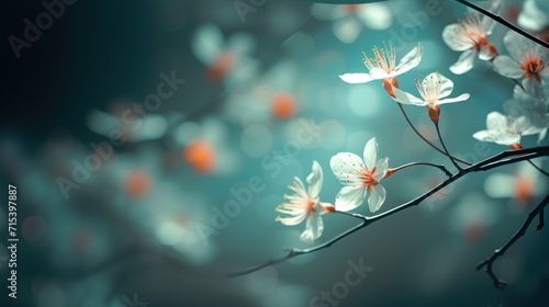  a close up of a flower on a tree branch with blurry lights in the background and a blue sky in the background.