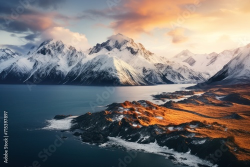 an aerial view of a mountain range with a lake in the foreground and snow covered mountains in the background.