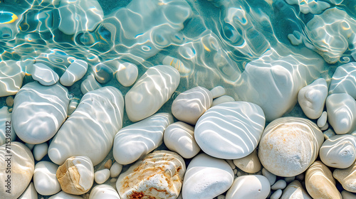 Creative wallpaper abstract image of white rounded smooth pebble stone under transparent water with waves. Backdrop sea bottom pattern surface. Top view  © Uwe