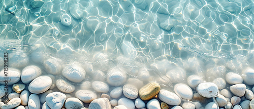 Creative wallpaper abstract image of white rounded smooth pebble stone under transparent water with waves. Backdrop sea bottom pattern surface. Top view  photo