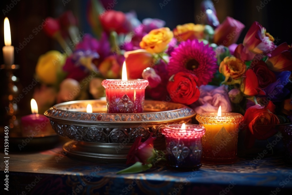 Adoration of colorful flowers and glowing candles on decorative trays