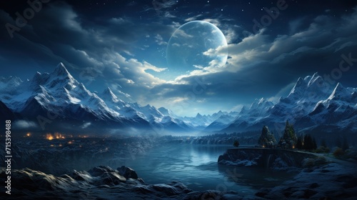  a painting of a night scene with mountains, a lake, and a city in the distance with a full moon in the sky. © Nadia