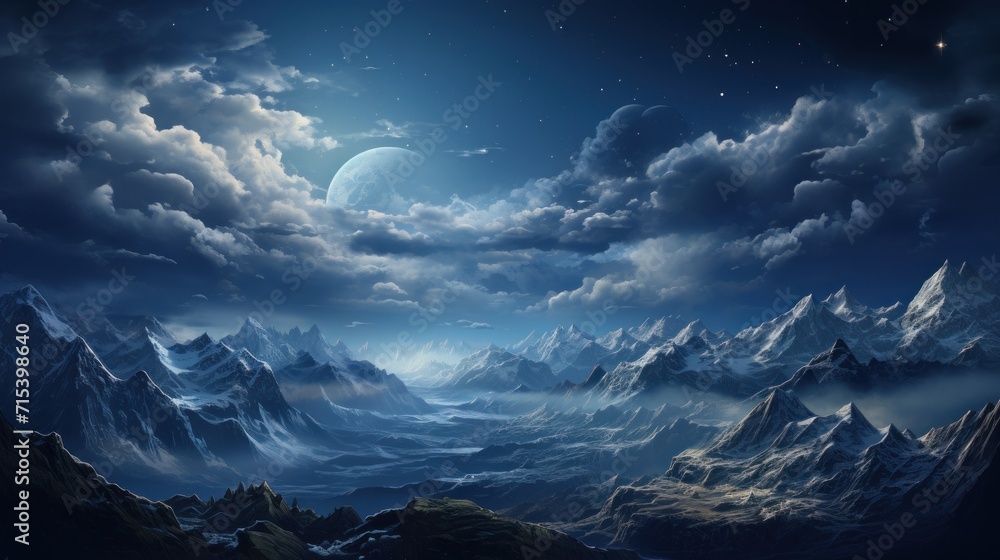  a painting of a mountain range at night with a full moon in the sky and stars in the night sky.