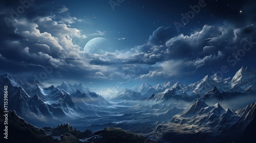  a painting of a mountain range at night with a full moon in the sky and stars in the night sky.