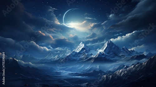  a painting of a mountain range with a crescent in the sky and a full moon in the sky above it.