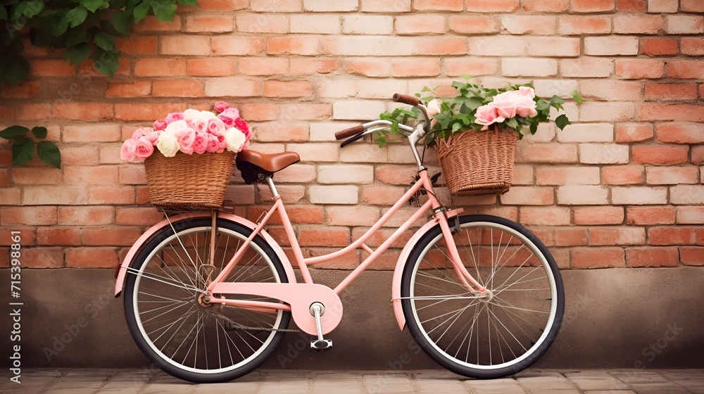 A vintage bicycle with a basket full of flowers , vintage bicycle, basket, flowers