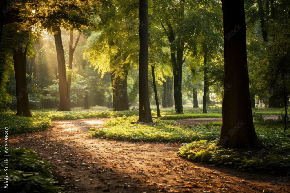 Naklejka premium Step into a world of calm and tranquility with this sunlit park scene featuring green trees and a serene atmosphere. AI generative.