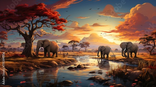  a painting of a group of elephants walking along a river under a sunset with birds flying in the sky above.