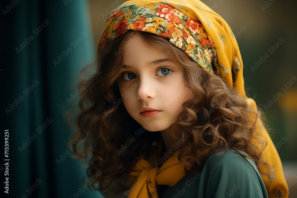 Portrait of a beautiful little girl in a yellow scarf on her head. Portrait of a beautiful little girl in a yellow scarf on her head.