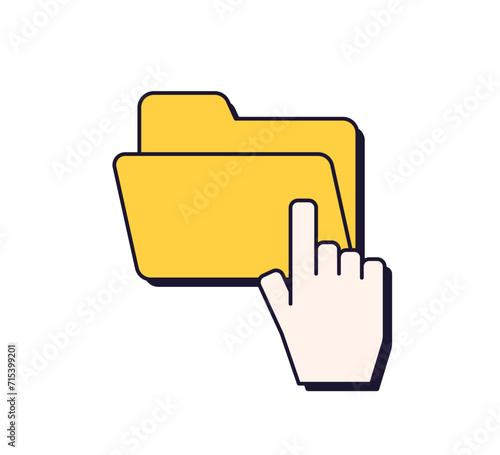 Hand pointer opening computer folder. Empty file icon in retro 90s and 00s design style. Choosing new directory for information storage. Flat graphic vector illustration isolated on white background