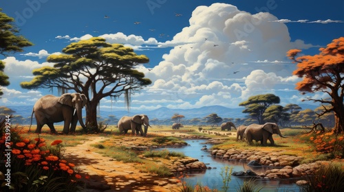  a painting of a herd of elephants walking across a lush green field next to a river under a cloudy blue sky.