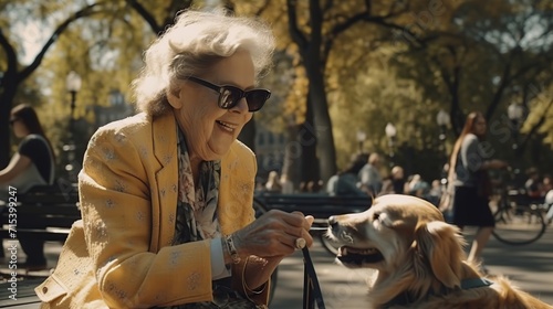 Elegant senior woman enjoying a peaceful day at the park with her beloved dog.