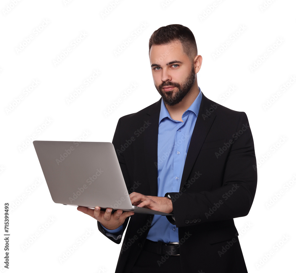 Portrait of serious man with laptop on white background. Lawyer, businessman, accountant or manager Portrait of serious man with laptop on white background. Lawyer, businessman, accountant or manager
