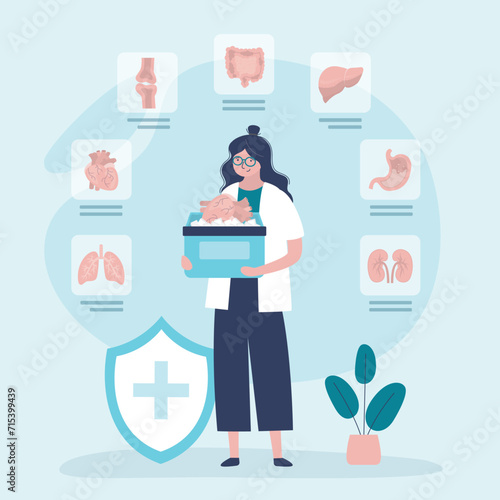 Human organ for transplant, donor landing or infographic vector illustration. Clinic, organ donor search. Doctor holds box with human organs in ice.