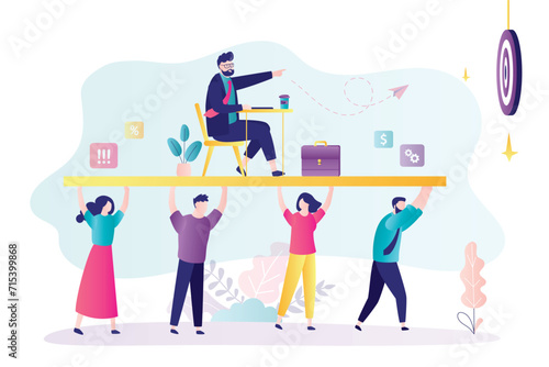 Business team, employees carrying angry boss. Hard work, office day. Hierarchy in company, bullying and blaming in the office. Worker men and women trying to complete boss tasks.