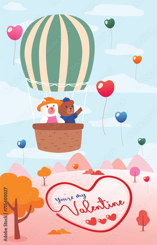 Bear Couple  Above Mountain in Balloon for Romantic Valentine's Day Celebration, Vector, Illustration
