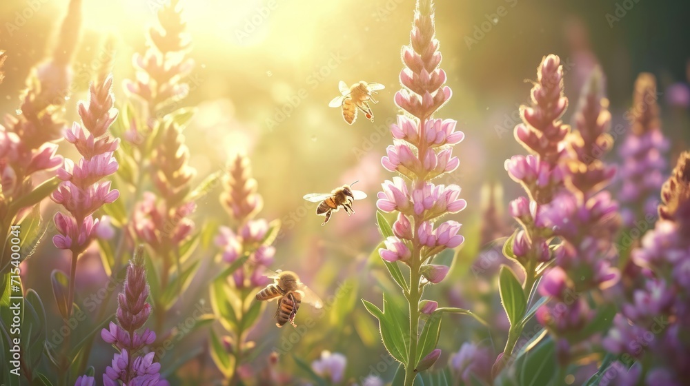 A field of flowers with honeybees busily collecting nectar, busy bees and blooming plants.