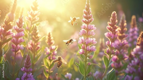 A field of flowers with honeybees busily collecting nectar, busy bees and blooming plants. photo