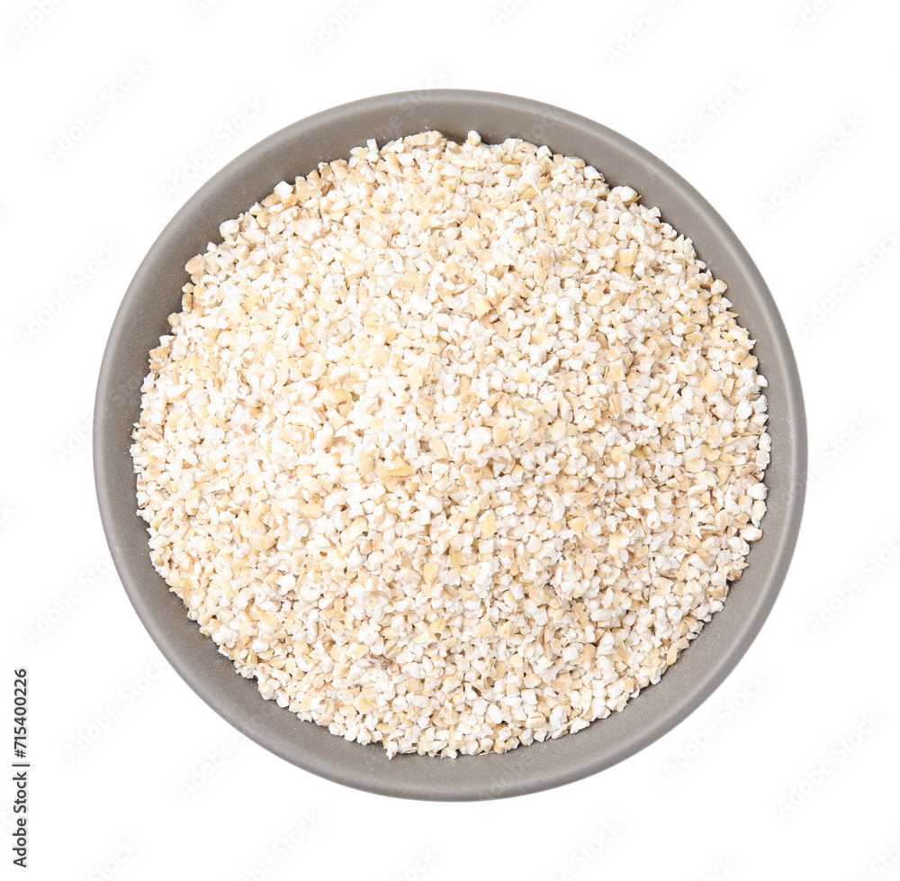 Dry barley groats in bowl isolated on white, top view Dry barley groats in bowl isolated on white, top view