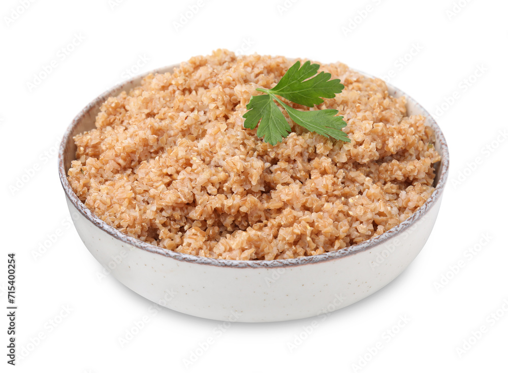 Tasty wheat porridge with parsley in bowl isolated on white Tasty wheat porridge with parsley in bowl isolated on white