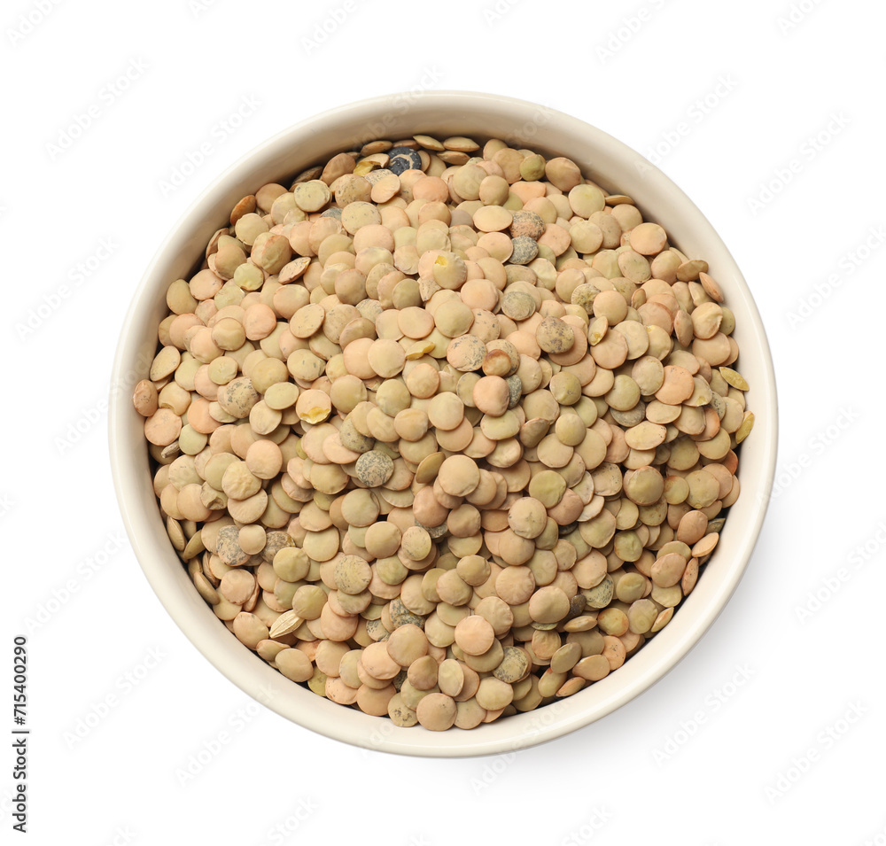 Raw lentils in bowl isolated on white, top view Raw lentils in bowl isolated on white, top view