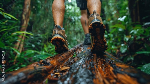 In a pouring forest, an Asian couple tries to get over a log. Generative Ai. photo