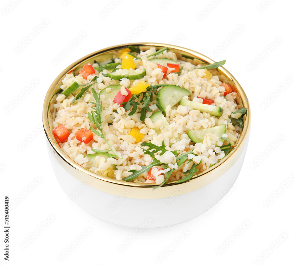 Cooked bulgur with vegetables in bowl isolated on white