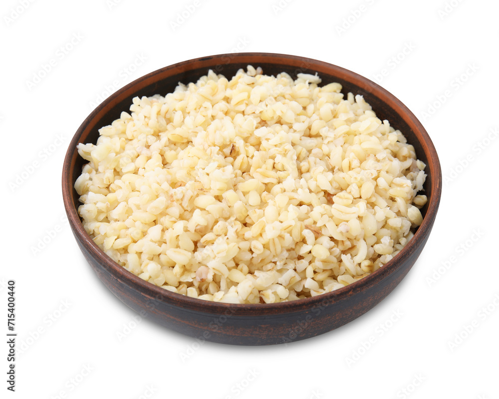 Cooked bulgur in bowl isolated on white Cooked bulgur in bowl isolated on white