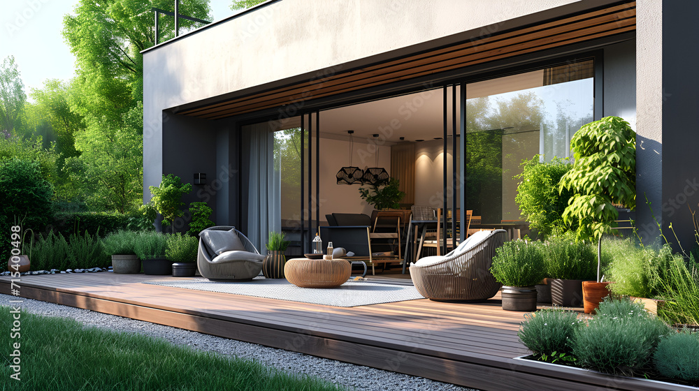 Cozy patio area with garden furniture, sliding doors and decking. Generative Ai