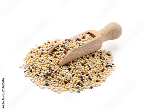 Scoop with raw quinoa seeds isolated on white