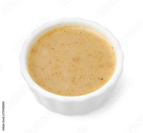 Delicious turkey gravy in bowl isolated on white