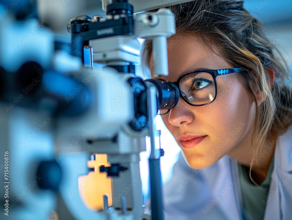An oculist utilizing advanced technology to conduct a comprehensive eye check-up. An oculist utilizing advanced technology to conduct a comprehensive eye check-up.
