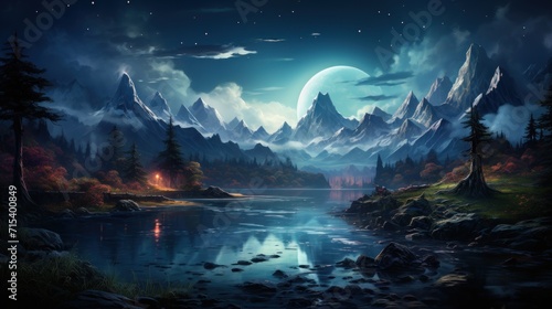  a painting of a night scene with mountains and a lake in the foreground and a full moon in the background.