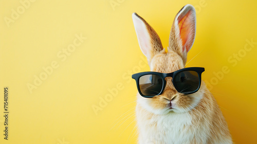 sweet easter bunny wearing black sunglasses, on yellow background, with empty copy space