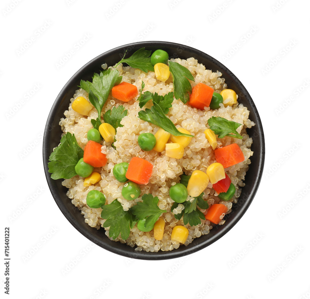 Tasty quinoa porridge with vegetables and parsley in bowl isolated on white, top view Tasty quinoa porridge with vegetables and parsley in bowl isolated on white, top view