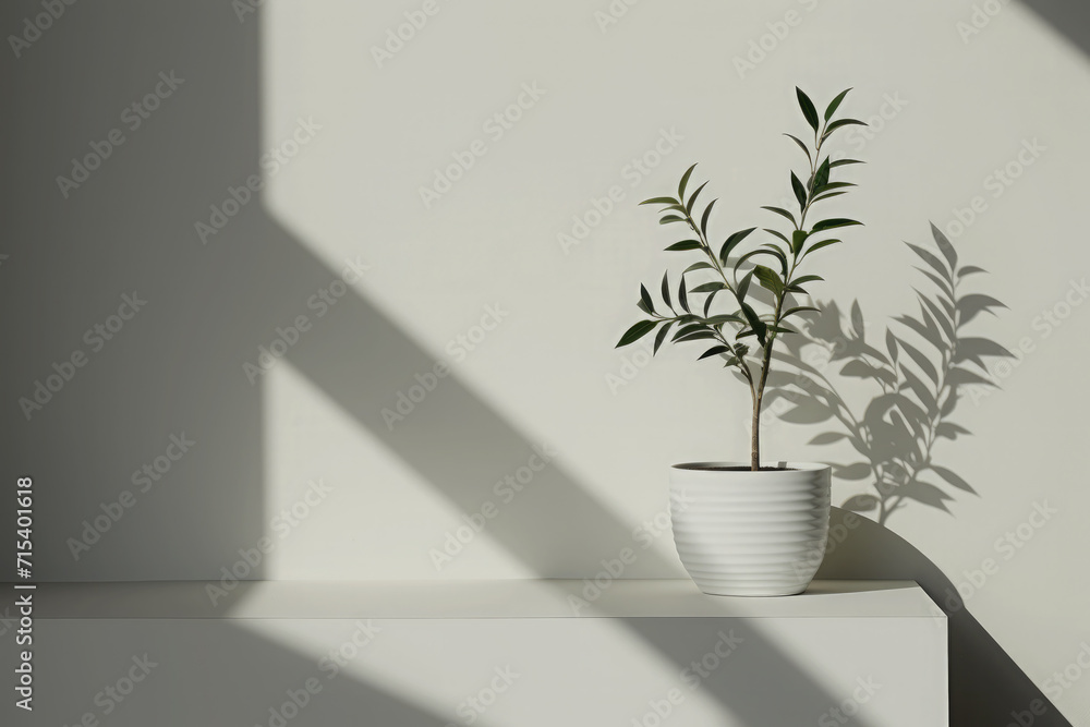 Abstract background with potted plants on wall shelves.