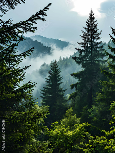 Tree Mountain Forest Near Mist, A Forest With Fog And Mountains In The Background © netsign