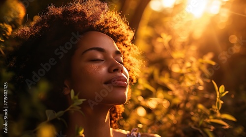 Woman relax and breathing fresh air outdoor at sunset. copy space for text,