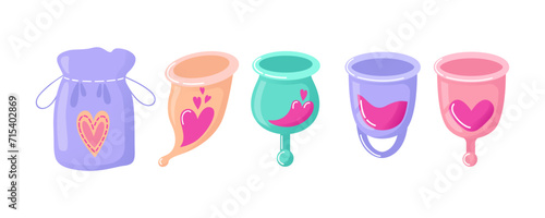 Set Menstrual cups, storage pouch. Hygiene product. Women Health. Reasonable consumption. Reducing waste. Ecological, reusable. Female reproductive system, cycle. Vector, cartoon style Peach Fuzz