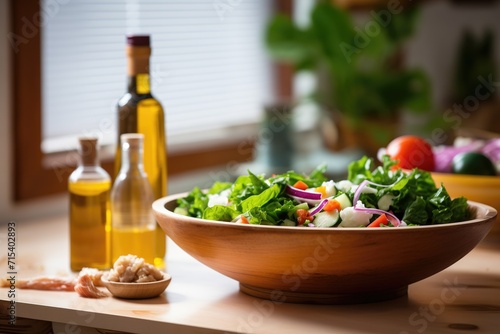 salad in wooden bowl, olive oil bottle in back