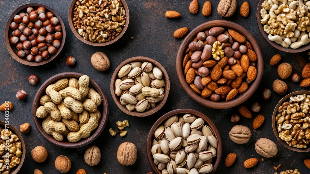 Background with different varieties of nuts. Top view of various nuts Background with different varieties of nuts. Top view of various nuts