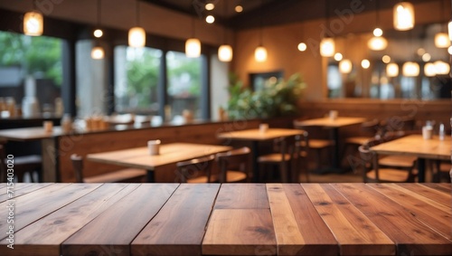 Blurry Restaurant Countertop on Empty Flat Smooth Wood Table Background, Empty Flat Smooth Wood Table, Bokeh Background © varol