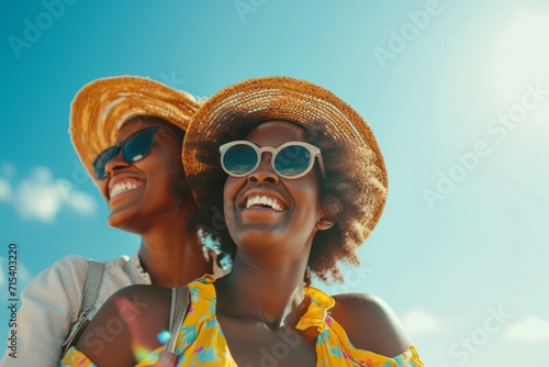 Group of joyful friends wearing sunglasses and hats, laughing on a sunny day, embodying summer fun and friendship.