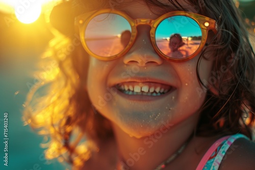 Portrait of a cheerful little girl in summer glasses.