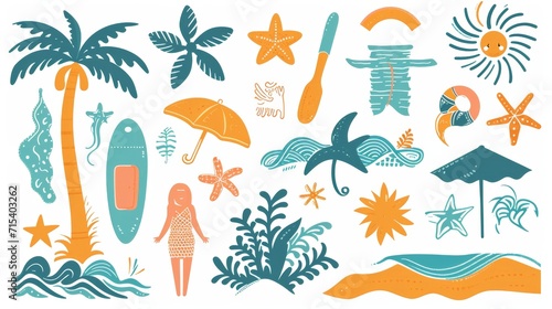 Retro summer, beach and ocean vector design elements on white background