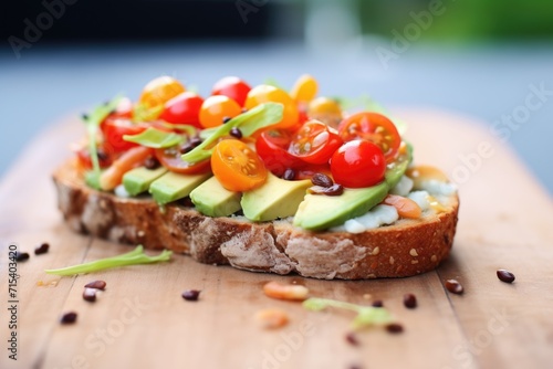 rustic sourdough bread topped with avocado and cherry tomatoes
