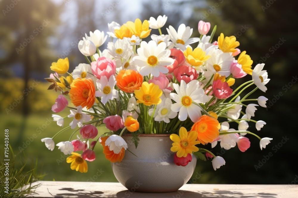  a vase filled with lots of colorful flowers on top of a wooden table in front of a green grass covered field.